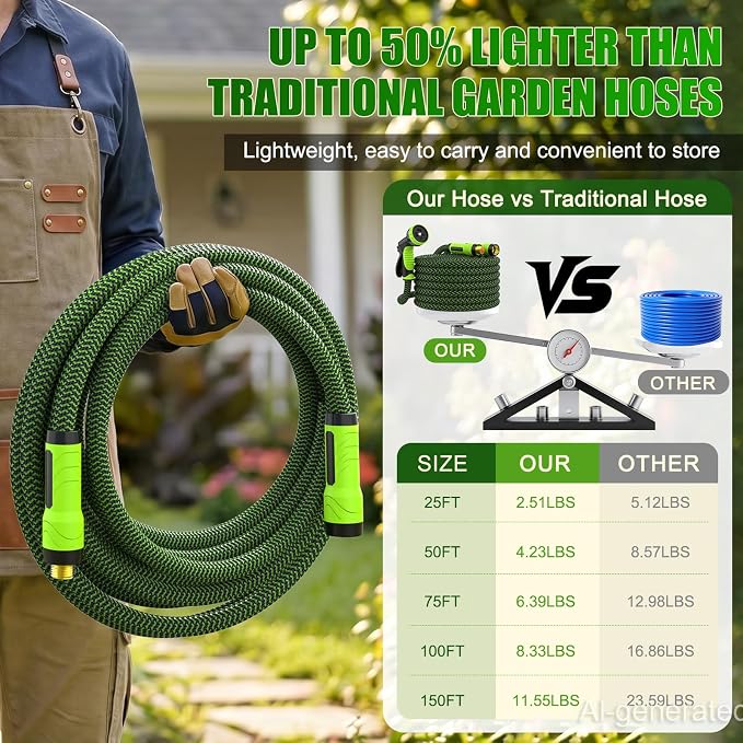 NON-EXPANDABLE Garden Hose 100ft x5/8'', Heavy Duty Flexible Water Hose with 10-Function Sprayer, Lightweight, Leak Proof, Durable Fabric Skin, Pressure Resistant for Yard, Outdoor