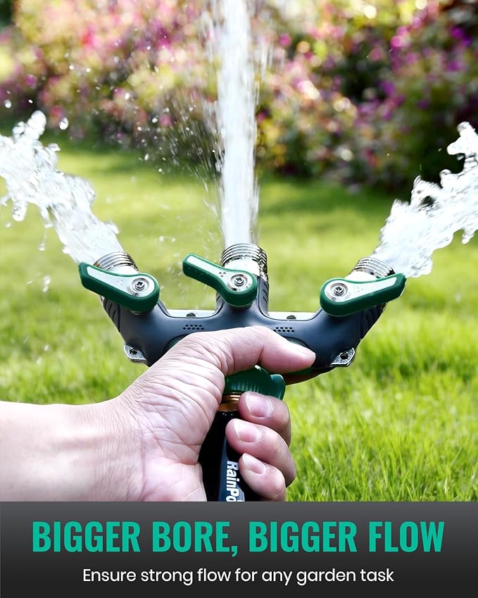 RAINPOINT 3 Way Hose Splitter, 100% Metal Heavy Duty Garden Hose Splitter With 1.9" Extra Long Handle & Individual Shut Off, 3/4 Inch GHT Thread Water Hose Connector For Spigot Faucet (Dark Green)