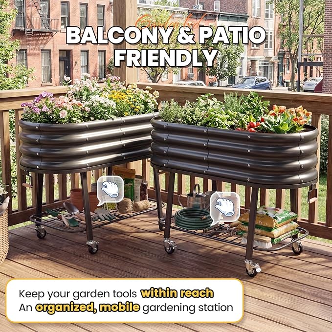 KING BIRD Large Raised Garden Bed with Legs Galvanized Elevated Planter Box 47.2x23.6x29.9 in for Backyard, Patio, Balcony, Dark Grey