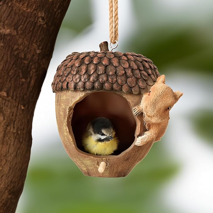 Hanging Bird Houses for Outside, Acorn-Shaped Resin Birdhouse with Squirrel Design for Outdoors Decorative Birdhouses,