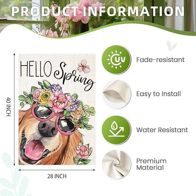 Hello Spring House Flags for Outdoor Decoration, Dog with Flowers Hat Large Yard Flag, Seasonal Decorative Celebration Decor for Summer Farmhouse Holiday Outside 28x40 Inch Vertical Double