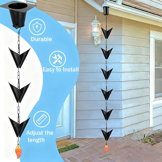 8.5FT Rain Chain for Gutters, Black Anti-Rust Iron Decorative Rain Chain for Outside, Leaf-Shaped Pieces Gutter Chain Replacement Downspout, Garden Water Catcher & Outdoor Garden Decor