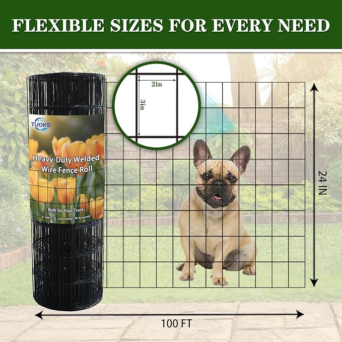 Black PVC Coated Welded Wire Fence 24 Inch x 100 Foot,2 Inch x 3 Inch 16GA,Wire Fencing Roll,Garden Border Fence Roll Vinyl Coating Metal Wire Mesh for Yard Vegetable Plant Protection Poultry Netting