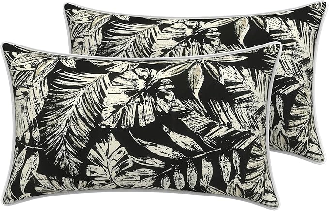 LVTXIII 2 Pack Outdoor Lumbar Pillow Covers 12x20 Inch with Piping, Water-Repellent Back Cushion Covers ONLY for Patio Furniture, Sofa, Garden Bench, Tropical Leaf Black