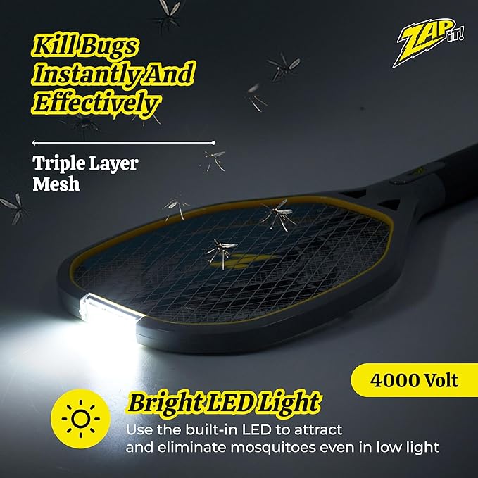 ZAP IT! Rechargeable Electric Fly Swatter Racket - 4,000-Volt Mosquito Zapper with USB Charging and LED Light - Large - Safe 3-Layer Mesh Bug Zapper Racquet for Indoors and Outdoors - Yellow