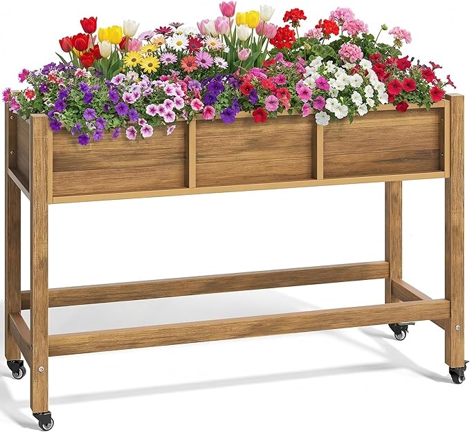 YITAHOME Raised Garden Bed HDPE, 47x18x31In Poly-Wood Weather-Resistant Raised Flower Bed, Elevated Planter Box with Lockable Wheels for Vegetables, Brown