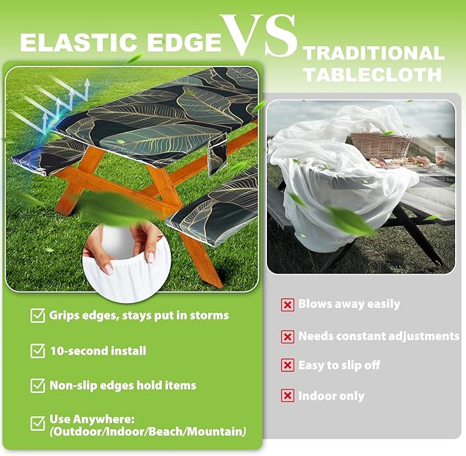 Picnic Table Cover with Bench Covers Vinyl Elastic Edges Fitted Rectangle Seat Tables Waterproof 3-Piece96X30in Set Outdoor Rectangular Folding Backing Tablecloth for Camping Over Size