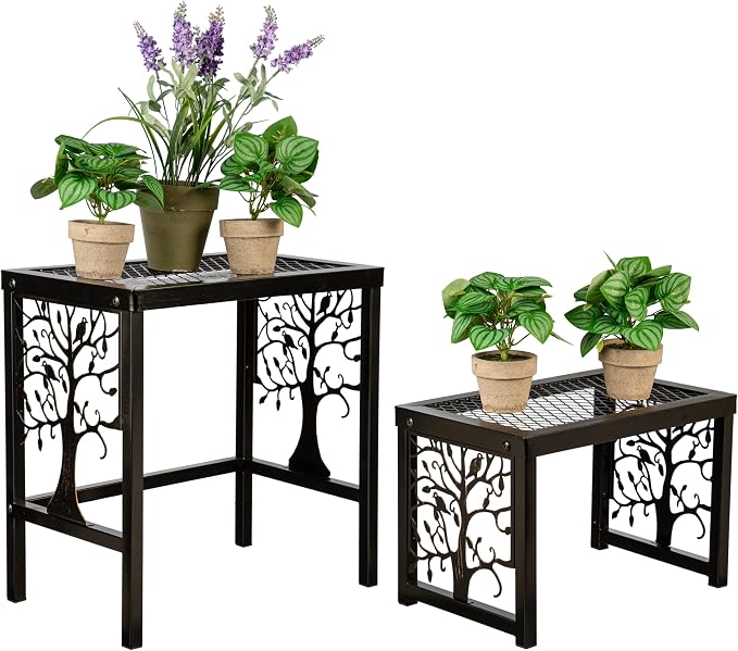 Evergreen Garden Nesting Plant Stands Indoor/Outdoor, Metal Plant Stand for Patio, Porch, Garden, Corner Plant Stands for Indoor Plants (Tree of Life, Set of 2)