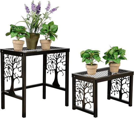 Evergreen Garden Nesting Plant Stands Indoor/Outdoor, Metal Plant Stand for Patio, Porch, Garden, Corner Plant Stands for Indoor Plants (Tree of Life, Set of 2)