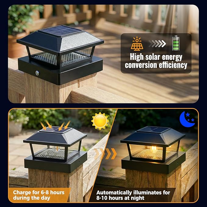 btfarm 4x4 Solar Post Cap Lights, 12 Pack Fence Deck Post Lights Outdoor Solar Powered Waterproof with Edison LED Bulb, Fits 4x4, 3.5x3.5 Wooden & Vinyl Posts for Porch Patio Yard(Warm White, Black)