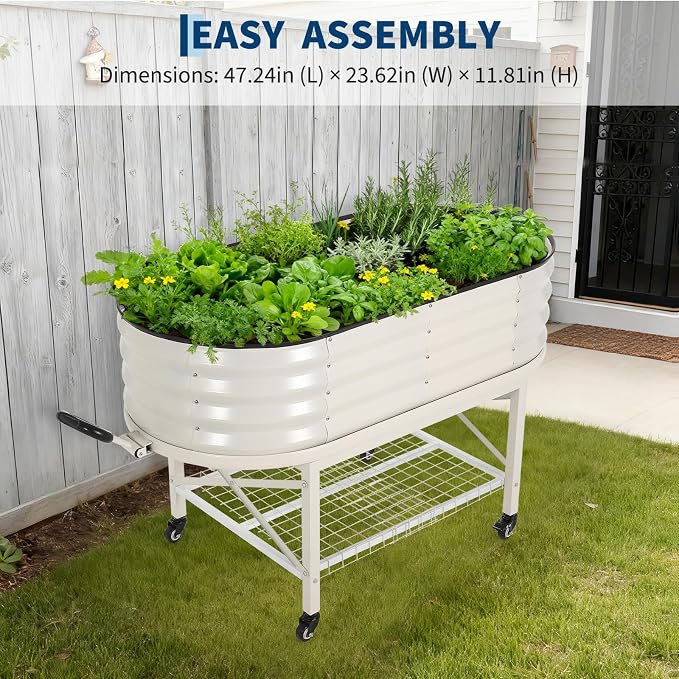 Garvee Galvanized Raised Garden Bed Large Oval Kit with Cover Zippered Screen Doors, Open Base Design, Thick Steel, Easy Assembly, Planter Box for Vegetables, Flowers (White, 4x2x1 ft)