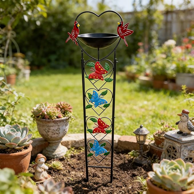 Bird Feeder with Garden Trellis for Climbing Plants Outdoor, Bird Bath with Metal Butterfly Decor for Garden Wild Birds