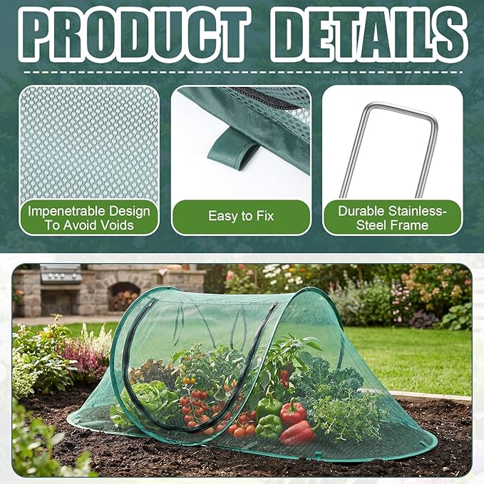 Threehoney 3 Pcs 70" x 24" x 24" Large Pop up Garden Mesh Plant Cover Adjustable Plant Netting Cover Vegetable Mesh Protector Net Cage Guard with 18 Ground Nails for Protecting Vegetables Fruits