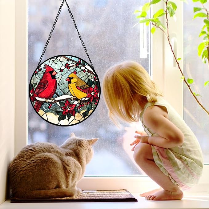 DASTOLL Stained Glass Window Hanging, Love Birds Cardinals Sun Catchers Colorful Glass Panel Birds Suncatcher Decor for Birthday for Women, Men, Wife, Lovers, and Mom 11.8x11.8 in