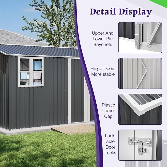 YOPTO 10X8 FT Outdoor Storage Shed,Metal Shed W/Window,Floor Frame & Lockable Swing Door,Garden Tool House W/ 4 Air Vents & Sloped Roof,for Backyard Patio Lawn,Gray