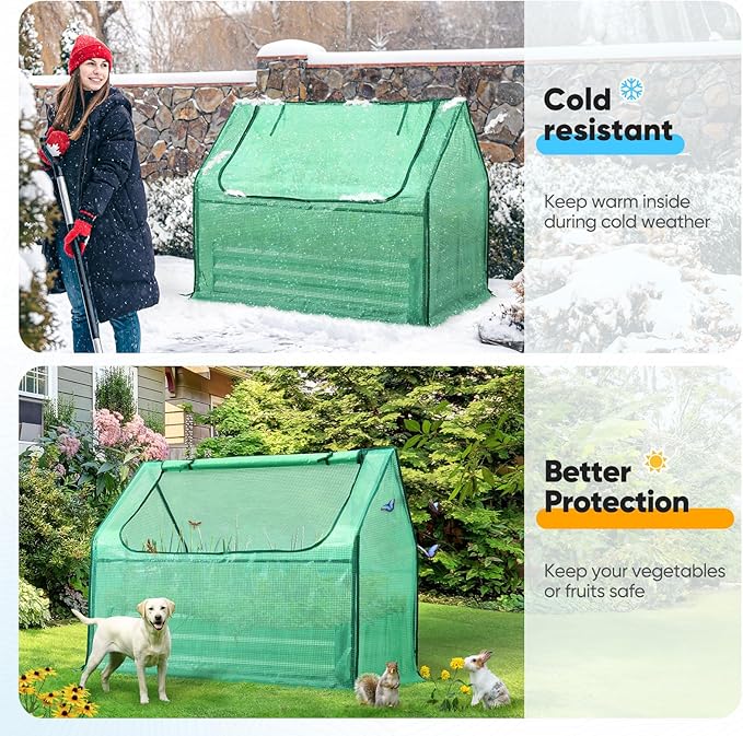 Quictent Raised Garden Bed with Cover Outdoor Galvanized Steel Planter Box Kit with Greenhouse Large Zipper Window Dual Use, 20pcs T-Type Tags & 1 Pair of Gloves Included 4x2.5x1 FT, Green