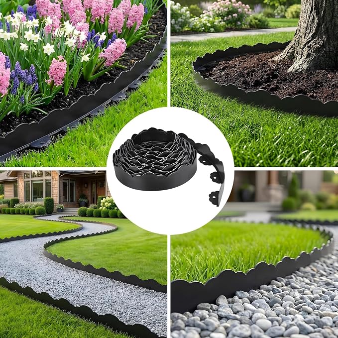 50 FT Landscape Edging Border with 75 Spikes, 2.8 Inch Tall Garden Edging Border, Flexible Plastic No Dig Lawn Edging Border for Flower Beds Landscaping Yard Pathway Paver Tree Fence Edging (Black)