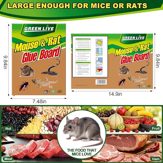 6 Pack Sticky Mouse Traps, Sticky Traps for Rats Mice Rodents Snakes No Touch Indoor Mouse Traps for Home Kitchen Garage Attic Basements, Easy to Set, Green