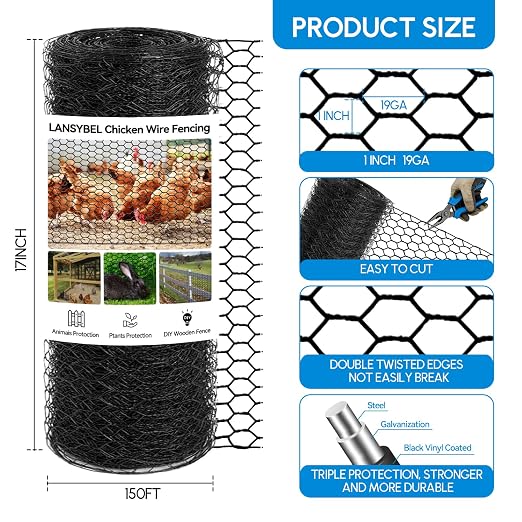 17in x 150ft Chicken Wire, Black Poultry Wire Netting, Hexagonal Galvanized Mesh, Outdoor Anti-Rust Surface Plastic Coating, Garden Fence Animal Barrier for Pet Rabbit Chicken Fencing