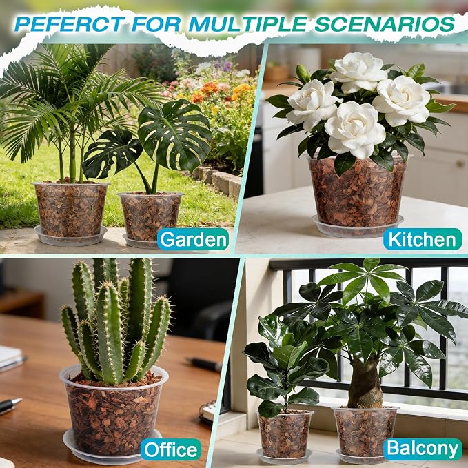 8/10/12 Inch Clear Nursery Pots with Drainage and Sacuers, 15 Pack Plastic Pots for Plants Indoor Outdoor, Variety Large Clear Pots for Flowers, Succulents (8/10/12inx5pcs)