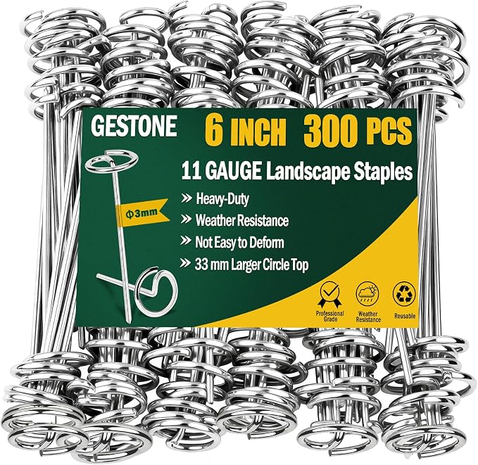 300Pcs Landscape Fabric Staples Pins,Heavy Duty Circle Top Landscape Fabric Stakes, 6 inch Galvanized Weed Barrier Stakes Pins with Removal Tool,Reusable Garden Staples for Weed Barrier Fabric