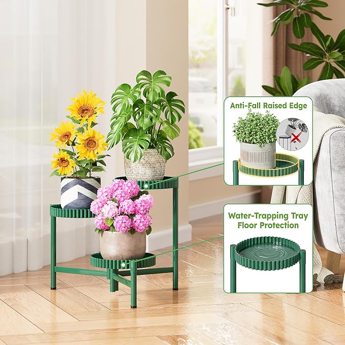 Plant Stand Indoor Outdoor, 3 Tier Corner Metal Flower Display Holder Shelf, Folding Tall Plant Rack for House Patio Balcony Porch Living Room, Heavy Duty Anti-Rust Wrought Iron - GreenFloroma