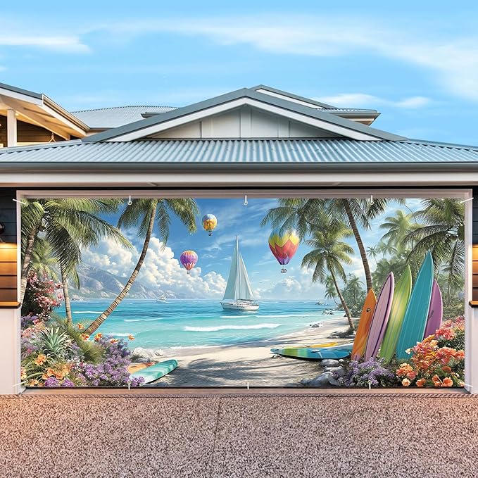 7 * 16FT Summer Hot Air Balloon Garage Door Cover Decorations Sunset Palm Trees Garage Door Banner for Outdoor Indoor Summer Party Photography Backdrop