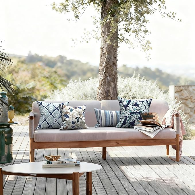 LVTXIII 2 Pack Outdoor Pillow Covers ONLY 18x18 Inch, Water-Repellent Square Decorative Cushion Covers for Patio Furniture, Garden, Sofa, Boho Geometry Blue