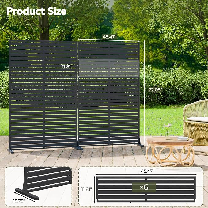 Outdoor Privacy Screen Panel 72" Freestanding Privacy Fence with Stand, HDPE Decorative Privacy Screens with Louvered 6 Panels, Weather-Resistant Panel Fence for Patio, Balcony,Pool, Black