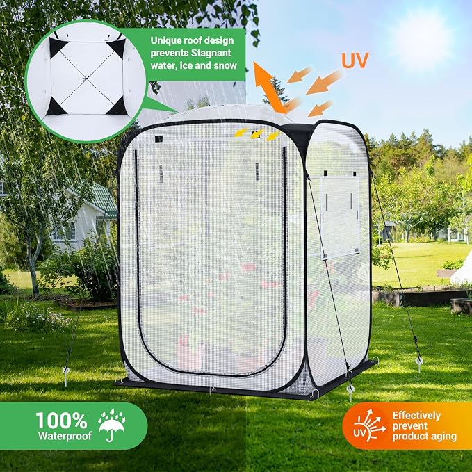 Ohuhu Pop Up House - Fast Set-up Small Greenhouse Walk in Portable Greenhouses Indoor Outdoor with Removable PE Mat & Mesh Window for Protecting Plant from Cold Frost & Birds 48 x 48 x 63.7''