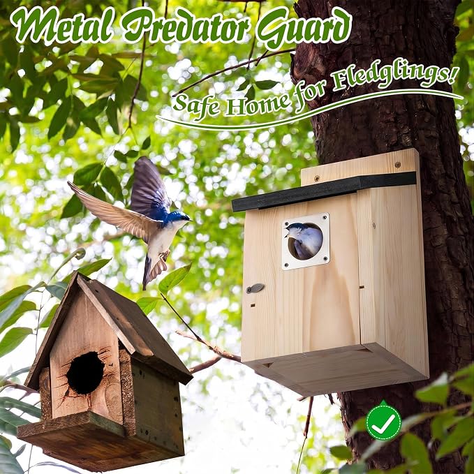 Dreyoo 8 Pack Bluebird Houses for Outside with Metal Predator Guard, 1-1/2" Entrance Hole Wooden Blue Bird Houses for Outdoors, Bluebird Nesting Box with Screwdriver(Black Roof, Wood Body)