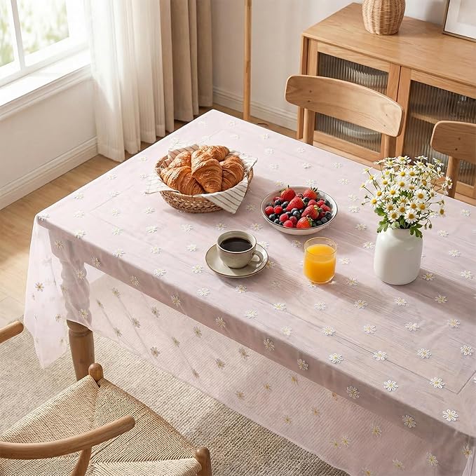 Horaldaily Pink Embroidery Daisy Spring Summer Gauze Tablecloth 60×84 Inch Rectangular, Seasonal Tulle Table Cover, Garden Party Decorations for Wedding, Party, Holiday Dining
