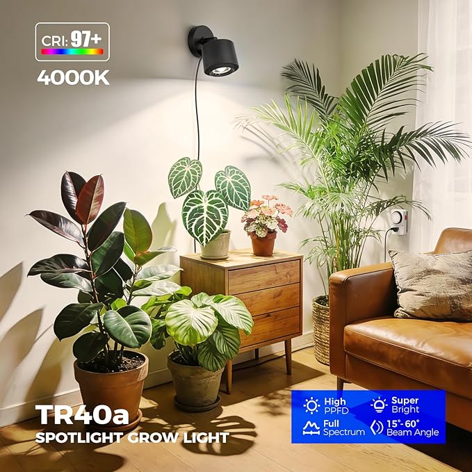 Barrina TR40a Track Grow Lights for Indoor Plants, 15°-60° Adjustable Beam Angle, 40W 4000K Full Spectrum LED Plant Light, High PPFD Spotlight Grow Lamps with Timer for House Plants, 1-Pack, Black