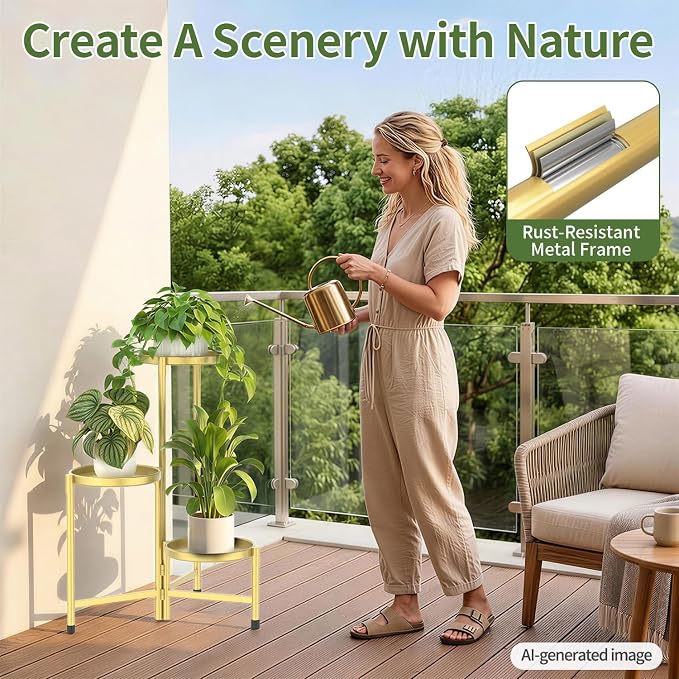 LASZOLA 3 Tier Large Plant Stand Indoor Tall with 10 Inch Metal Tray, Corner Folding Flower Display Rack, Modern Plant Holder Shelf for Outdoor Patio Porch Garden Office Living Room, Gold