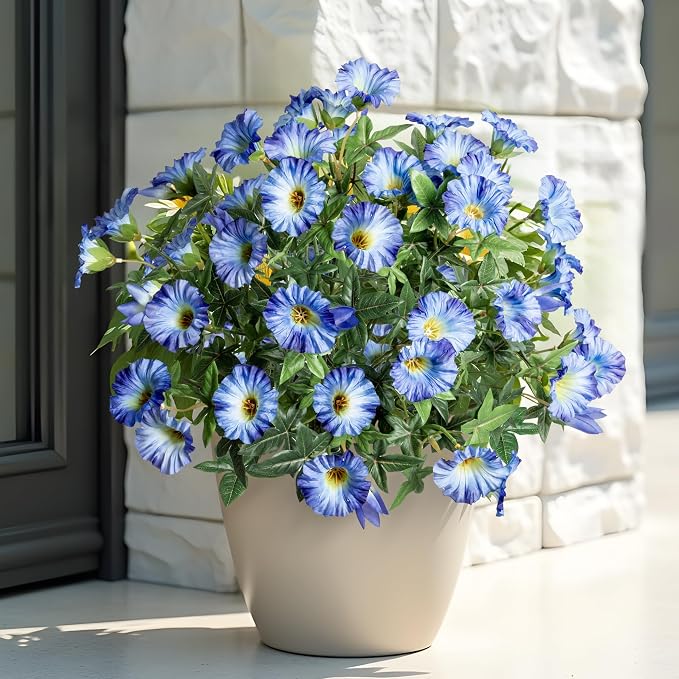 Blue Artificial Morning Glory Flowers for Outdoor Planters, Premium UV Resistant Silk Faux Flowers for Porch, Hanging Basket & Window Box, Lifelike Floral Arrangement, No Pot 13.3“ 4 Bundles