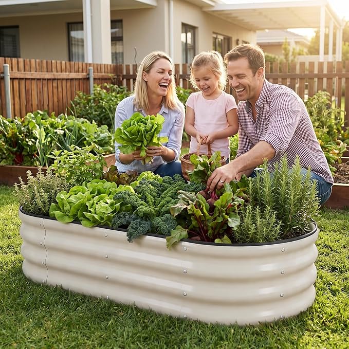 1MORE Galvanized Raised Garden Bed- Planter Garden Boxes Outdoor, Raised Beds for Gardening, 4x2x1ft Metal Garden Bed Kit for Vegetables Flower, Planter Raised Beds with Protective Tape & Tools.White
