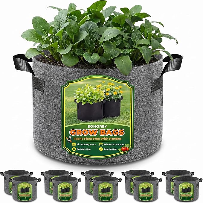 Songrey 10-Pack 5 Gallon Grow Bags, Thickened Nonwoven Fabric Pots with Handles, Heavy Duty Garden Planter for Tomato, Vegetables and Flower