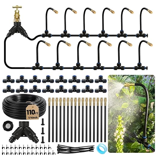 Riboud 110Ft Drip Irrigation System, 2026-Upgrade Garden Watering Kit with 16 Adjustable Copper Rotating Arm Nozzles, 360° Flexible Spray Irrigation Kit for Raised Beds, Lawn, Greenhouse