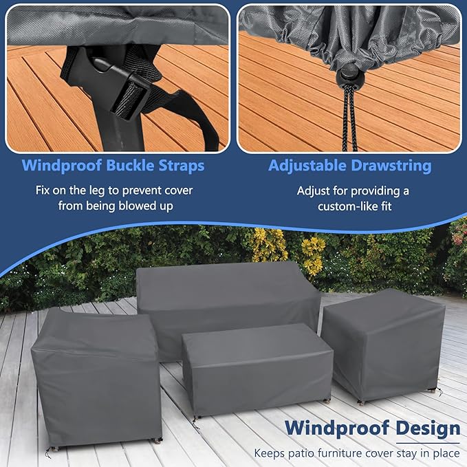 STARTWO Patio Furniture Covers, 4 Piece Heavy Duty Waterproof Outdoor Furniture Cover with Windproof Buckle Strap, for Lawn Rattan Wicker Couch Chair Set, Grey