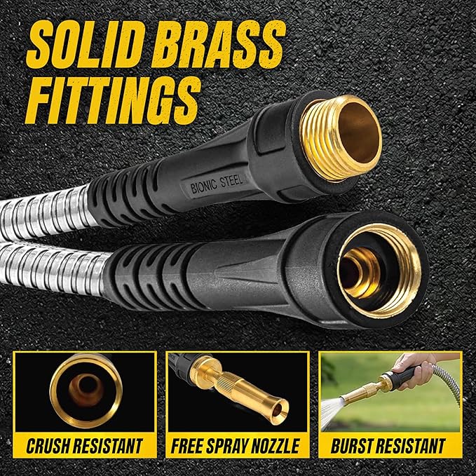 Bionic Steel PRO 50 Ft Metal Garden Hose with Nozzle, Water Hose Made from Heavy Duty 304 Stainless Steel, Flexible, Lightweight, Brass Fittings, Non Kinking, 500 PSI