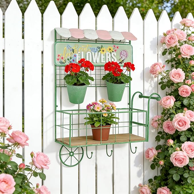 Vintage Wall-Mounted Flower Cart Organizer - Rustic Green Metal & Wood Hanging Planter with 2 Bucket Planters for Indoor/Outdoor Garden, Kitchen, Patio Decor