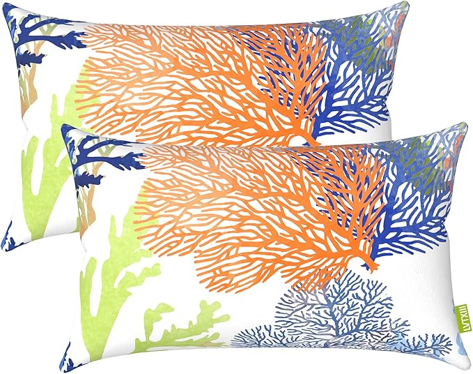 LVTXIII 12×20 Inch Outdoor Lumbar Pillows, Pack of 2 Water Repellent Lumbar Pillow with Inserts, Fluffy Decorative Garden Lumbar Cushions for Home Patio Coach Sofa Use, Coral Multi