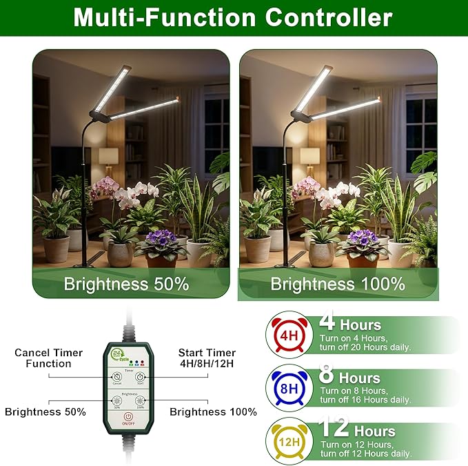 Grow Lights for Plants Growing,6000K White Full Spectrum Plant Lamp with Red Blue LED for Pot Succulents Seeds, Light Strip Foldable & Height Extendable 9-25'', Auto Timer 4 8 12Hrs