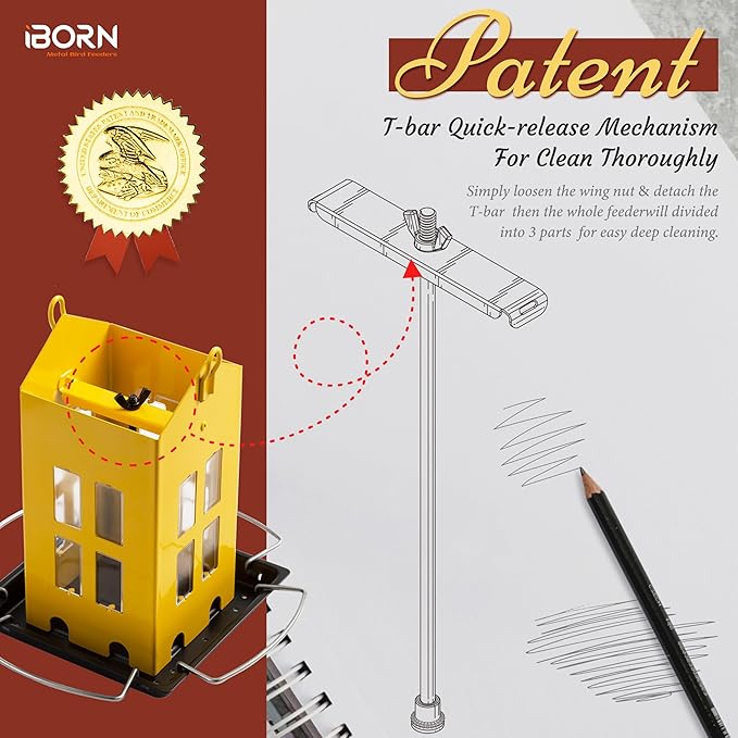 iBorn Bird Feeder House, Metal Bird Feeders for Outdoors Hanging,Double-Sided Metal Hanger & Weatherproof, Easy to Clean & Refill, 1.5 Lbs Capacity, Yellow