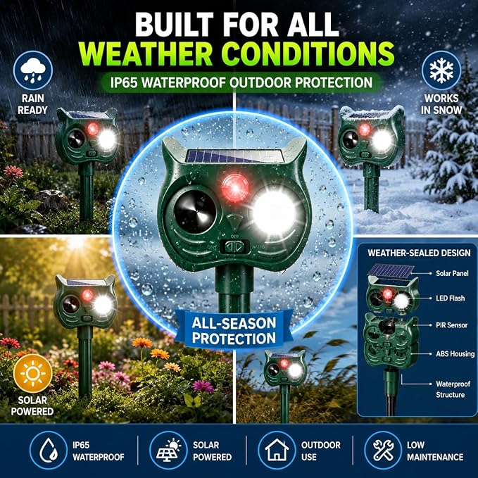 4 Pack New Sonic Fortress Pro Deer Repellent Devices,Solar Ultrasonic Animal Repeller Outdoor for Racoons,Squirrels,Cats,Rabbits,Skunks & Foxes,Waterproof Motion Sensor Animal Deterrent for Garden