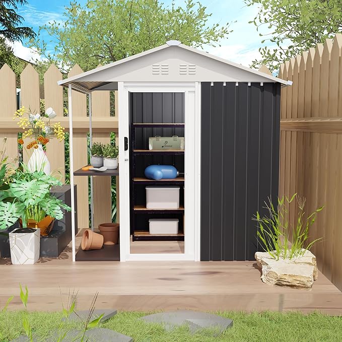 KEIKI 6x4 FT Outdoor Storage Shed with Rack, Metal Garden Shed with Storage Shelves, Bike Storage Tool Cabinet Box for Lawn, Backyard, Patio