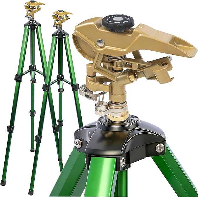 Hourleey 2 Pack Impact Sprinkler on Tripod, Rotating Water Sprinklers for Yard Lawn and Garden, Heavy Duty 360 Degree Irrigation Sprinkler with Zinc Head and 3/4" Connector for Outdoor