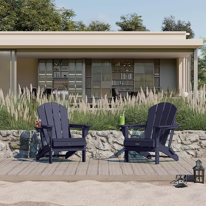 Ciokea Folding Adirondack Chairs Set of 4, Patio Adirondack Chair Weather Resistant, Plastic Fire Pit Chair with Cup Holder, Lawn Chair for Outdoor Porch Garden Backyard Deck, Dark Navy Blue