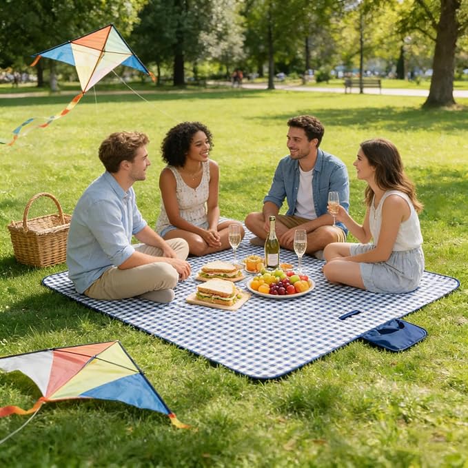 Wind Tour Waterproof Picnic Blanket with Carry Strap - Foldable Sandproof Outdoor Mat for Camping, Beach, Park - 59" x 71",Grey Grid (Two Mat Set)