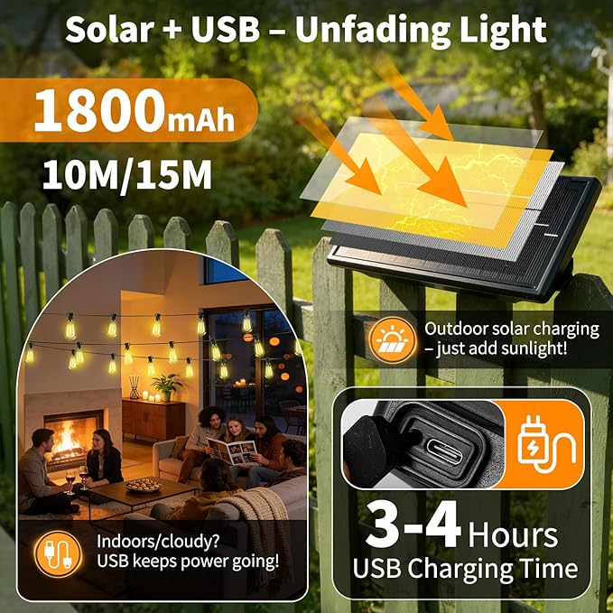 Solar Lights Outdoor Waterproof: ST38 50FT 15M Shatterproof Bulbs Patio Lights - Solar Powered & USB Charging- Remote Control 3 Light Modes Dimmable Solar Light - Camping Backyard Garden